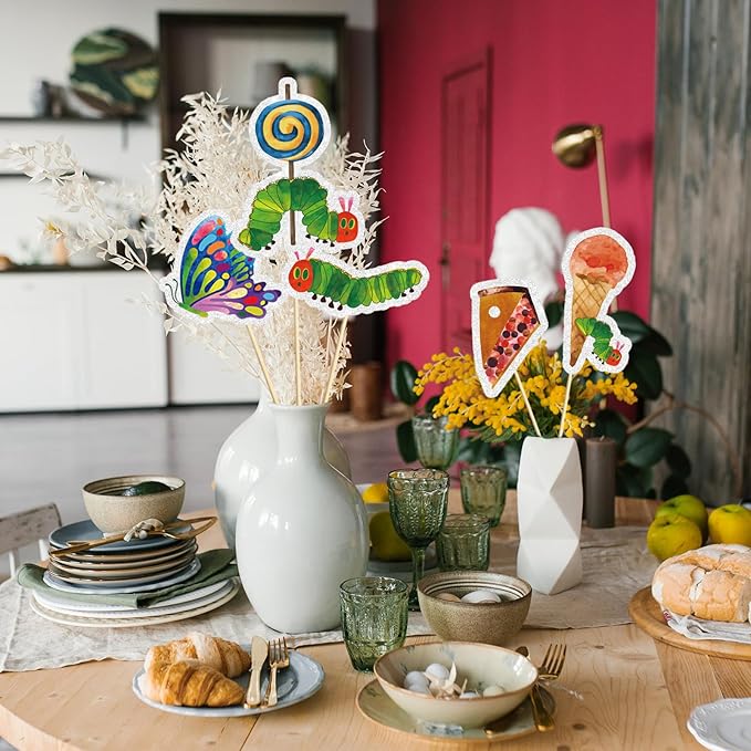 15PCS Hungry Caterpillar Party Decorations,Reading Story Theme Centerpieces Decorations Stick Table Toppers For Fairy Tales Birthday Party Baby Shower Party Supplies