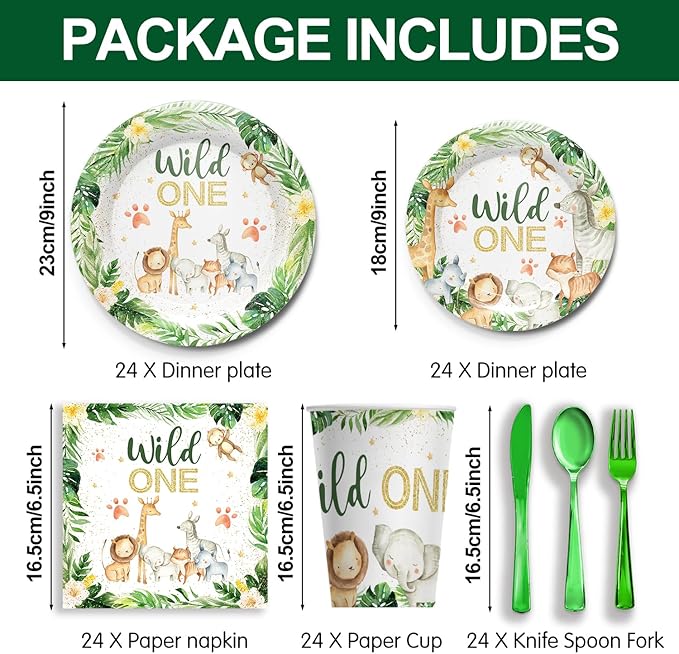 Wild One Birthday Party Supplies Tableware Set - Safari Birthday Decorations Include Plates, Napkins, Cups, Cutlery, for Animal Jungle Theme Wild One Party Supplies | Serves 24