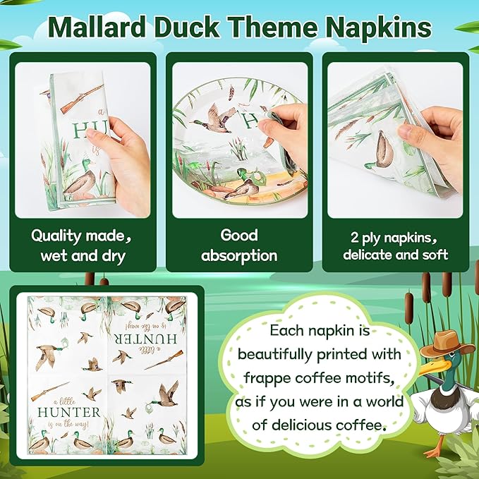 Mallard Duck Birthday Party Supplies - 96Pcs A Little Hunter is on the Way Plates Napkins Forks Tableware Set, Disposable Paper Plates Party Decoration for Birthday Baby Shower Table Decor, Serve 24