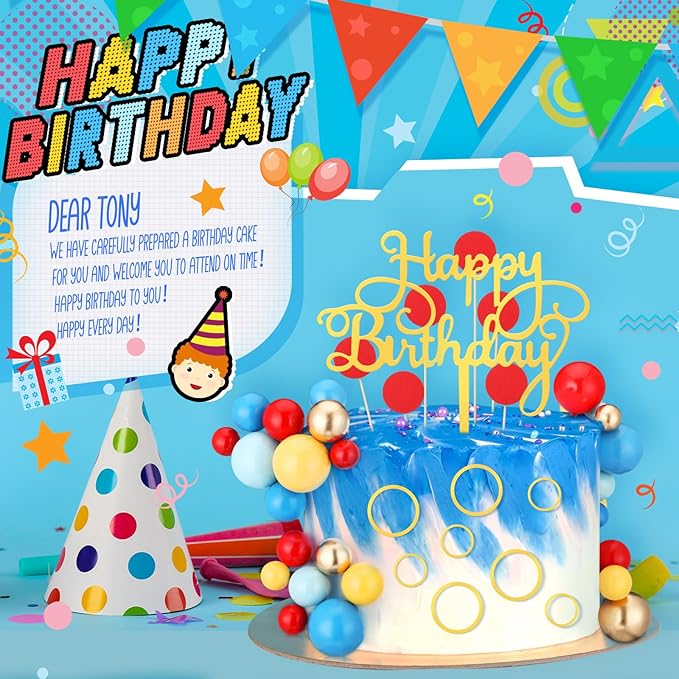 65 Pcs Cartoon Cake Topper Decoration Happy Birthday Cake Topper Red Blue Yellow Green Cartoon Themed Cupcake Decor for Baby Shower Anniversary Video Game Birthday Party Supplies