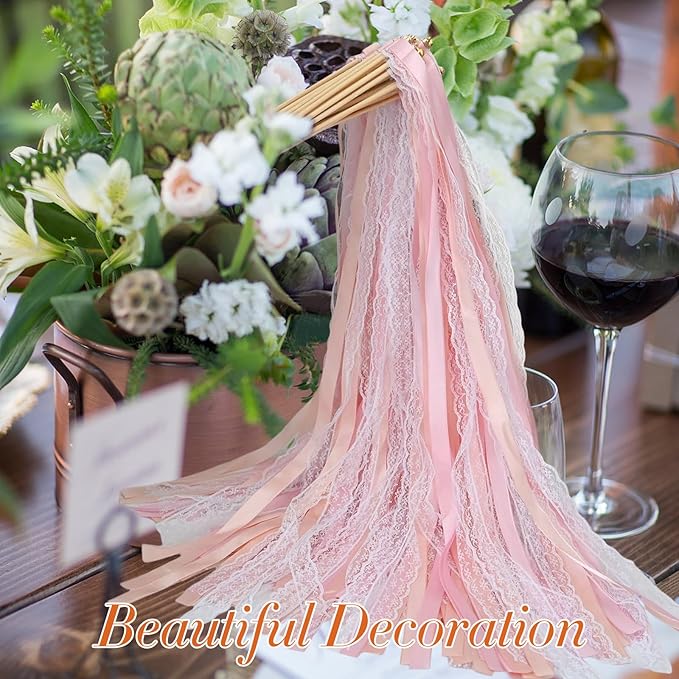 50Pcs Ribbon Sticks Wands Streamers with Bells Silk Fairy Lace Stick Party Ribbon Streamers for Wedding Party, Birthday and Holiday Activities-Pink
