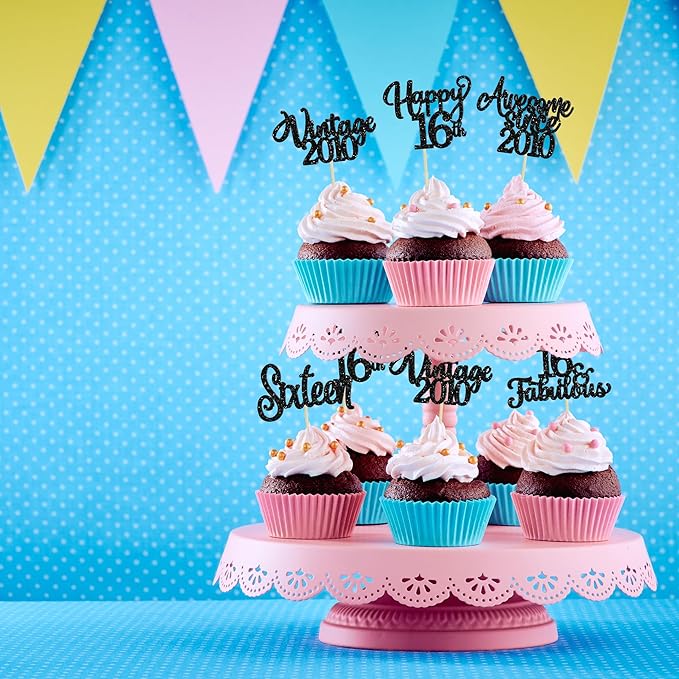 30Pcs Happy 16th Birthday Cupcake Toppers Glitter Sixteen Vintage 2010 Cupcake Picks Cheers to 16 Fabulous Cake Decorations for 16th Birthday Wedding Anniversary Party Supplies Black
