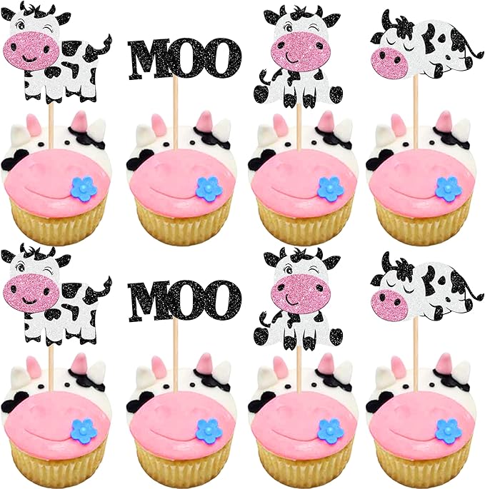 24 PCS Cow Cupcake Toppers Glitter Farm Animals Moo Cupcake Picks Cow Theme Baby Shower Kids Birthday Party Cake Decorations Supplies