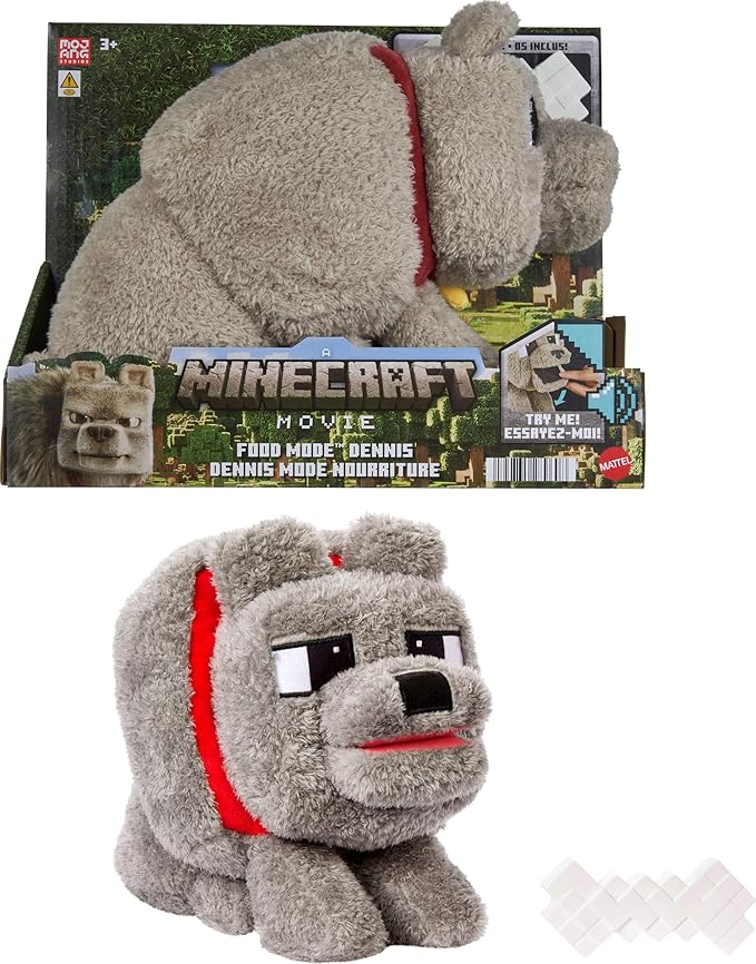 Mattel Minecraft Dennis The Wolf Plush Toy with Feeding Action & Sound, Food Mode Stuffed Animal Inspired by a Minecraft Movie (Amazon Exclusive)
