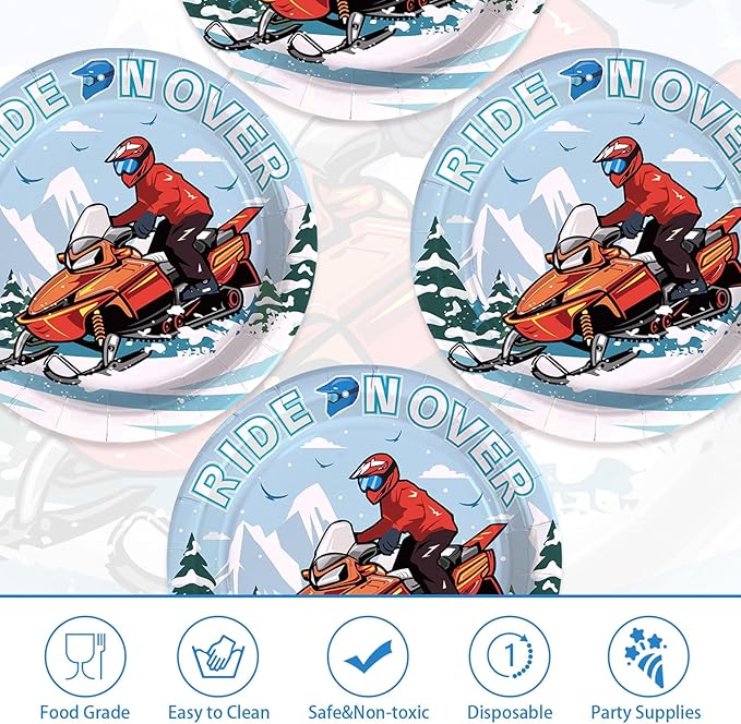 50Pcs Skiing Snowmobile Paper Plates 9 Inch Heavy Duty Disposable Winter Ski Snowmobile Birthday Party Dessert Plates Snow Skiing Wonderland Decoration for Girls Boys Skier Holiday Party Supplies