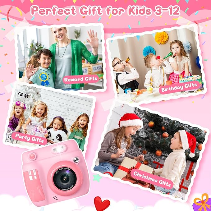 Kids Camera Instant Print, Birthday Gifts for Girls Boys with 3 Rolls Print Paper & 32GB Card, 48MP Toddler Digital Camera 1080P HD Video Toys Cameras for Kids 3-12, Pink