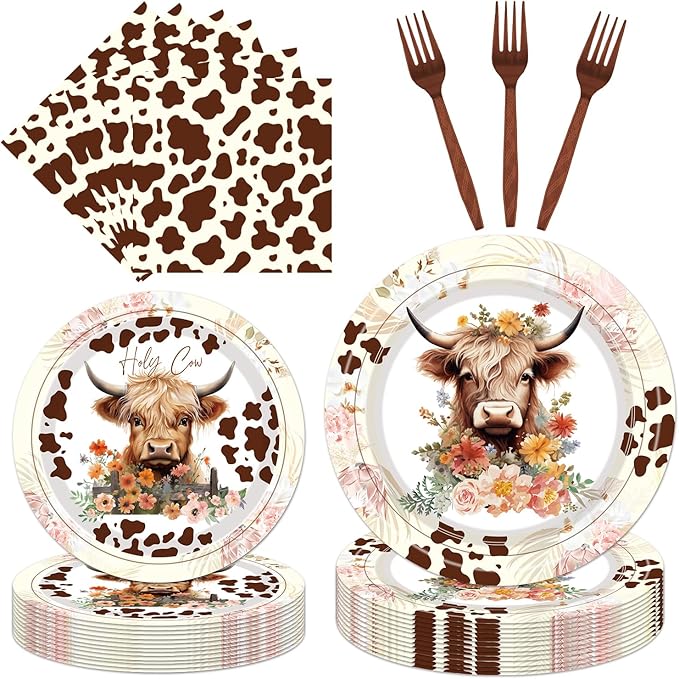 Highland Cow Party Supplies Tableware - 96 Pcs Brown Cow Tableware Disposable Plates Napkins Forks Sets for 24 Guests, Highland Cow Party Decorations Animal Party Favor for Baby Shower Kids Birthday