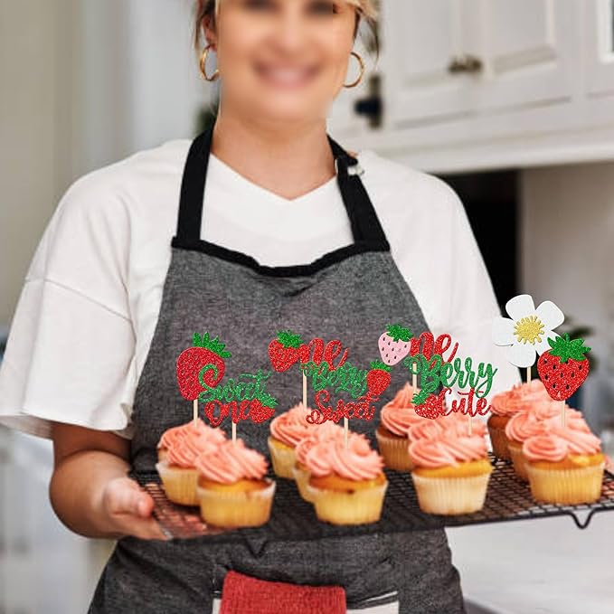 30 PCS Sweet One Strawberry Cupcake Toppers Glitter Sweet Berry 1st Birthday Cupcake Picks Strawberry Birthday Decorations for Baby Shower Kids First Birthday Party Cake Decorations Supplies Colorful