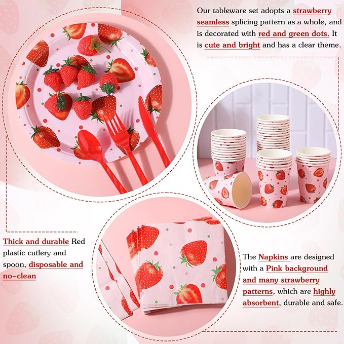 Sawysine 202 Pcs Strawberry Party Supplies Disposable Dinnerware Set 50 Plates 25 Cups 25 Napkins 25 Plastic Forks 25 Knives 25 Spoons 25 Straw Flag Tablecloth to Serve 25 Guests
