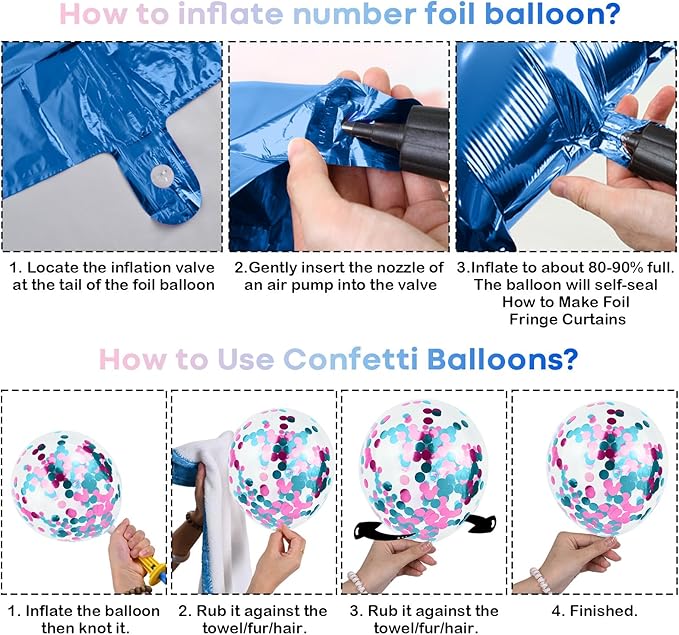 Pink and Blue Birthday Decorations, Royal Light Blue Pink Metallic Purple Confetti Latex Foil Balloons Happy Birthday Banner Fringe Curtain for Boys Girls Wedding Baby Shower Party Decoration Supplies