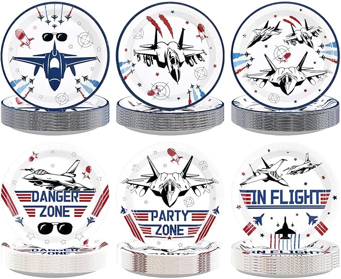 Grencian 60Pcs Fighter Jet Pilot Paper Plates 9" Disposable Heavy Duty Military Jet Dessert Paper Plates Top Air Force Gun Tableware Set for Kids Airplane Aviation Aircraft Party Decorations