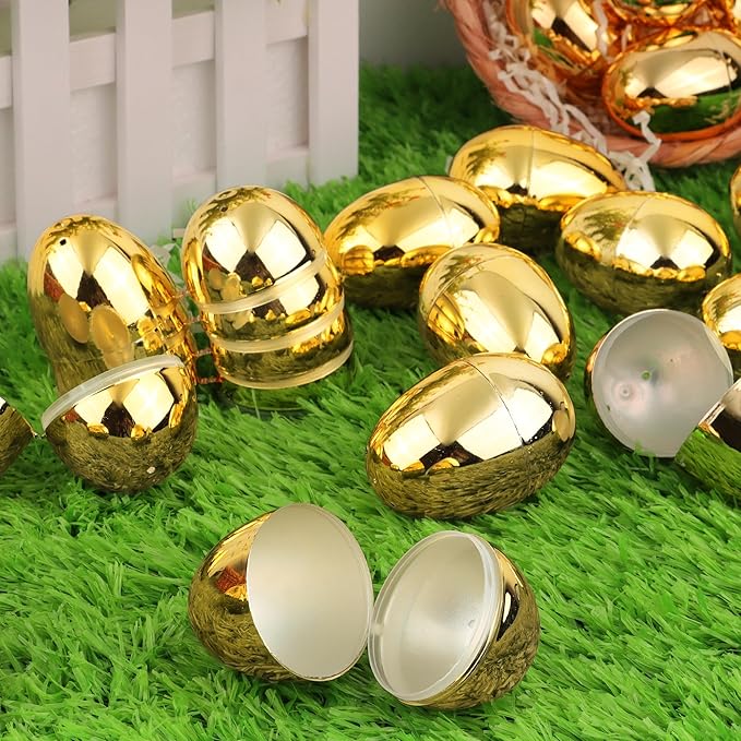 24 Pack Gold Easter Eggs, 2.4 Inch Metallic Plastic Empty Golden Eggs Fillable for Easter Eggs Hunt, Easter Basket Stuffers Fillers, Classroom Prize Supplies, Filling Treats and Party Favors
