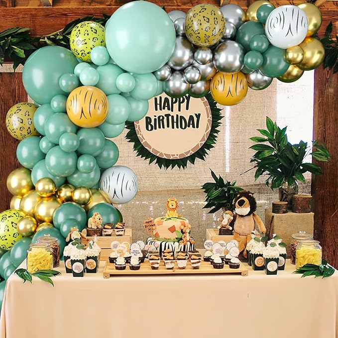 Sage Green Balloon Garland Arch Kit, Sage Green Metallic Gold and Silver Jungle Animal Pattern Latex Balloons for Baby Shower Wedding Birthday Graduation Bachelorette Party Decoration
