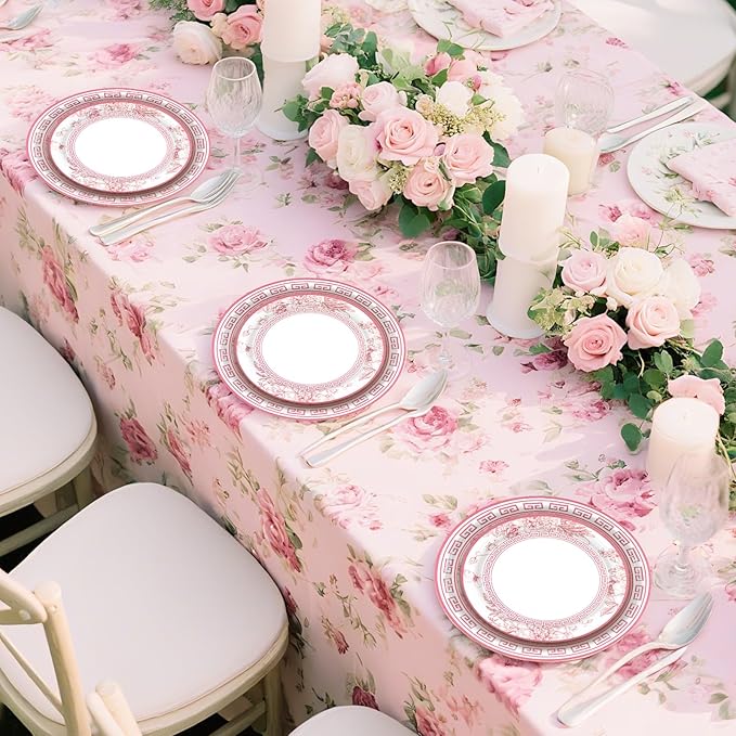180PCS Pink White Floral Party Supplies Serve 60, Pink Flower Paper Plates and Napkins Kit for Bridal Baby Shower Wedding Tea Party Decorations, Includes Dinner and Dessert Plates, Napkins