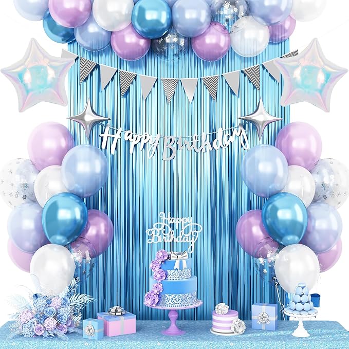 Snow Birthday Decorations for Girl, Blue Purple White Balloons with Happy Birthday Banner Fringe Curtain Iridescent and Silver Star Foil Balloons for Baby Shower Girls Theme Party Supplies