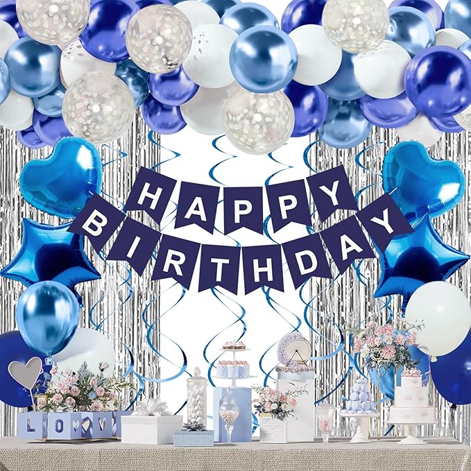 Blue Birthday Decorations for Boys Men - 50 PCS Blue Party Decorations include Happy Birthday Banner Silver Fringe Curtain Heart Star Balloons and Hanging Swirls for Birthday Party Supplies