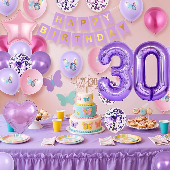 30th Birthday Decorations for Her,Pink Purple 30th Birthday Decorations Butterfly Birthday Decor Happy Birthday Banner Number 30 Balloons Cake Topper Butterfly 30th Party Decorations for Women