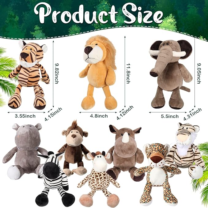 30 Pcs Safari Forest Stuffed Animals Plush Jungle Themed Animals Toy Gift Elephant Giraffe Lion Tiger Monkey Rhinoceros Zebra Tiger for Baby Shower Party Favors Decoration (10 Styles)