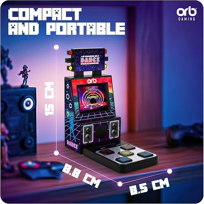 Orb - Mini Finger Dance Arcade Machine, 19 in-Built Songs, 4 Difficulty Levels, 8-Bit Retro Arcade Games, 2.5” Full Colour Screen, 5-Way Joystick Touch Pads, Volume Control