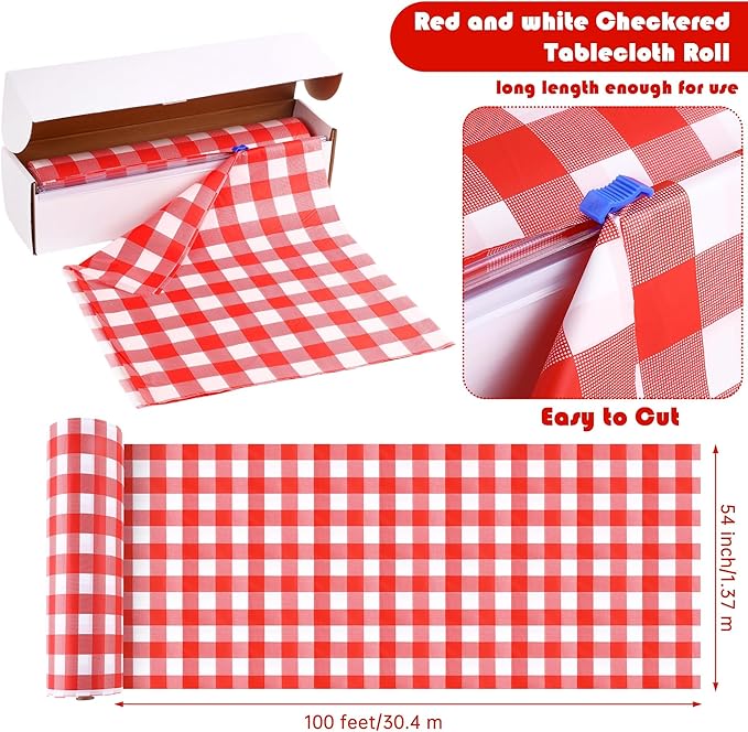 Kochorie 100 Ft x 54 Inch Crawfish Party Tablecloth Roll with Cutter Box Waterproof Plastic Lobster Table Cover (Red Checkered-100, 100 Ft x 54 Inch)