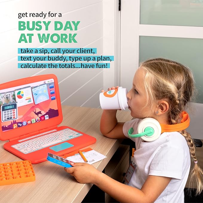 Born Toys Pretend Play Home Office Set for Ages 3-7 - Includes Toy Laptop, Phone, Calculator, Pop It & Headset