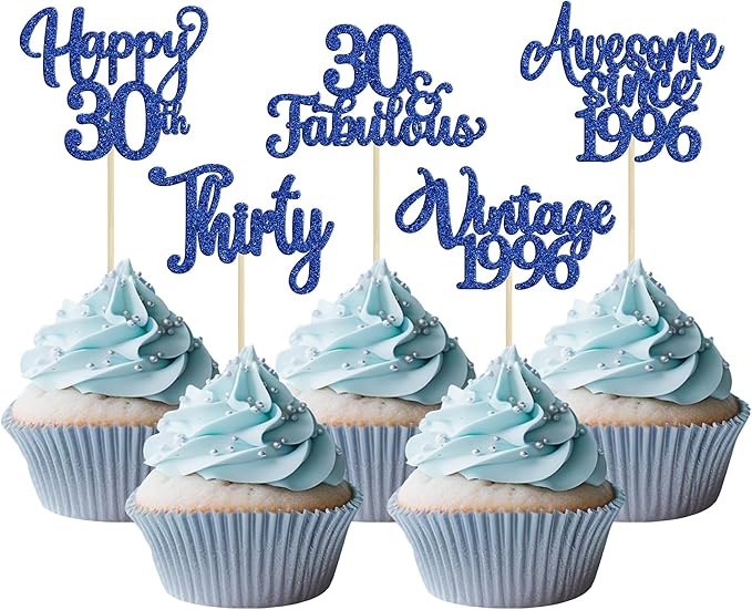 Ephlyn 30Pcs Happy 30th Birthday Cupcake Toppers Glitter Thirty Vintage 1996 Cupcake Picks Cheers to 30 Fabulous Cake Decorations for 30th Birthday Wedding Anniversary Party Supplies Dark Blue
