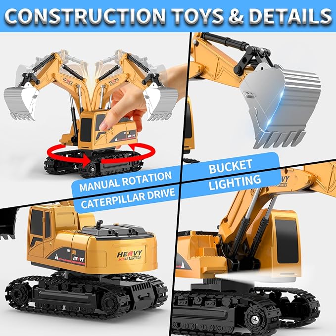 Remote Control Excavator and Dump Truck Toy Set - RC Construction Vehicles Toy with Barricades, Road Signs, Simulated Rocks, Lights and Sounds, Present for Toddlers 3-12 Year Boys Girls