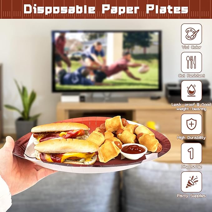 50PCS Football Shaped Disposable Paper Plates, Large 11.8in Football Party Plates, Football Theme Party Supplies, Sports Game Birthday Party Decorations, Touchdown Party Decoration