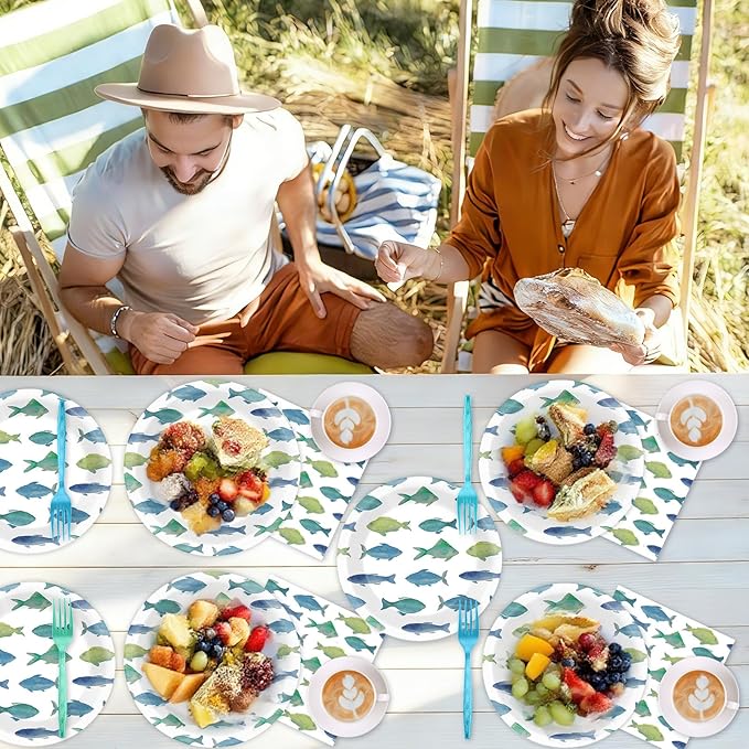 96Pcs Gone Fishing Party Paper Plates and Napkins Sea Ocean Fish Birthday Supplies Little Fisherman Tableware for 24 Guests for Summer Wedding Ofishally One Fishing Birthday Gatherings Decorations