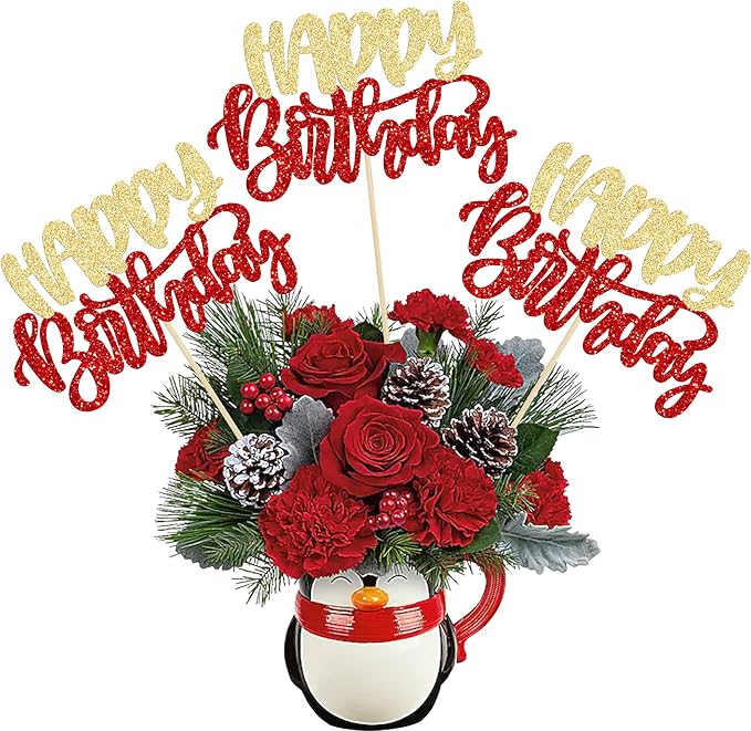 Gyufise 12Pcs Happy Birthday Centerpieces Sticks Double Sided Glitter Birthday Party Decorations Anniversary Table Flower Centerpiece for Celebrating Party Supplies Gold Red