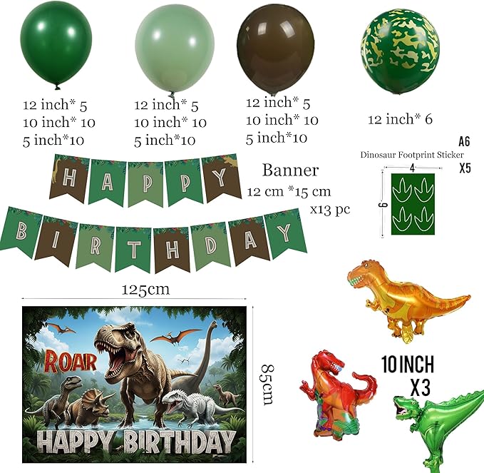 Dinosaur Birthday Party Decorations - Includes Green and brown balloon arch & Small dino Foil balloons & Banner Backdrop Footprint Sticker & for kids Jungle Dinosaurs T-REX ROAR themed party Supplies