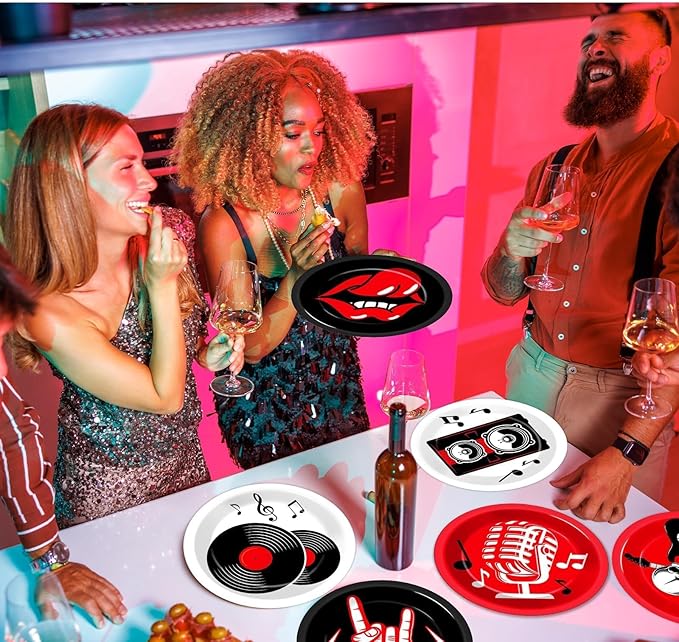 60Pcs Rock Theme Party Paper Plates for Music Birthday 9in 1950's Record Party Disposable Dessert Cake Tableware Dinnerware Set for Kids Baby Shower Decoration Anniversary 50s 60s Theme Party Supplies