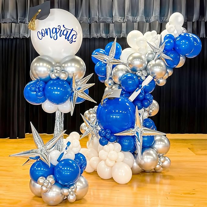 Blue White Silver Balloon Arch Kit with Explosion Star 4D Silver Foil Balloons Royal Blue Metallic Silver White Balloon Garland for Blue 2025 Graduation Decoration Birthday Baby Shower Party