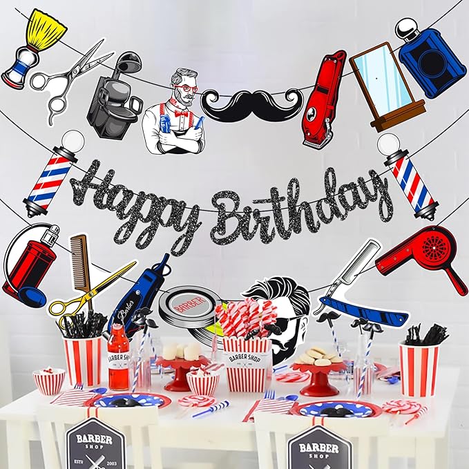 Barber Banners 3Pcs Hairdresser Party Decorations Glitter Black Barbershop Happy Birthday Banner Hairstylist Party Supplies for Barber Lovers Decor