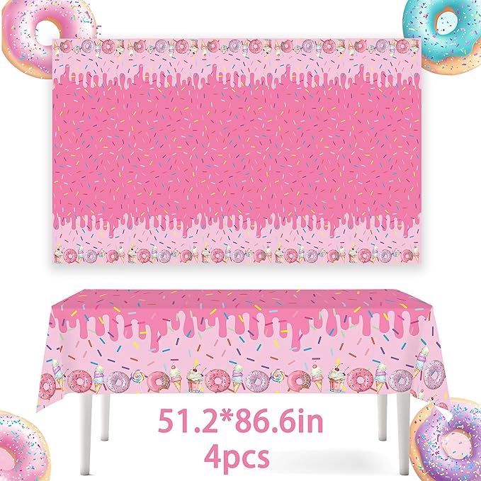 4Pcs Pink Donut Ice Cream Tablecloth Party Decorations for Baby Girl Sweet One Dessert Time Party Supplies, Ideal for Girl Birthday Parties, Baby Showers, Birthday Donut Themed Decorations