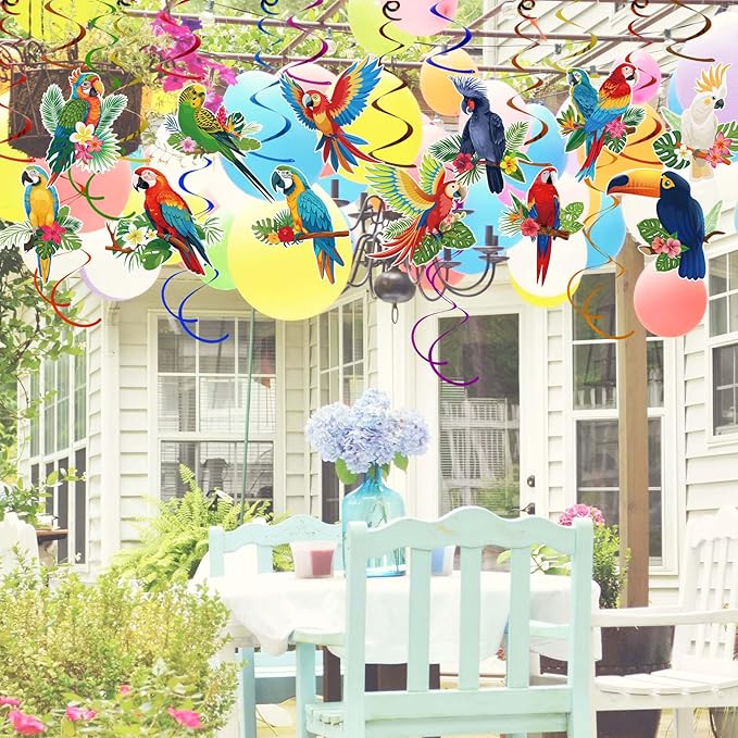 58Pcs Tropical Birds Decorations Tropical Hawaiian Decor Toucan Parrot Party Hanging Swirl Foil Ceiling Decor for Summer Luau Hawaiian Beach Pool Party Tiki Party Birthday Party Supply