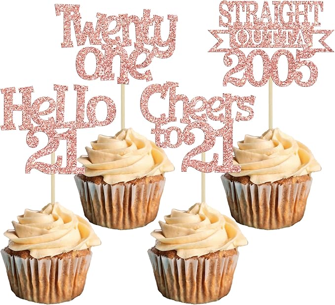 Ephlyn 24Pcs 21st Birthday Cupcake Toppers Glitter Straight Outta 2005 Cupcake Picks Hello 21 Cheers to 21 Years Cake Decorations for 21st Birthday Anniversary Party Decorations Supplies Rose Gold
