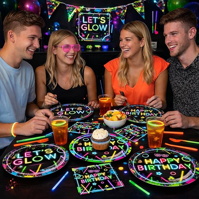 40 Pcs Neon Plates and Napkins Tableware Sets for Neon Party Decorations, Birthday Decorations Which Can Serve 20