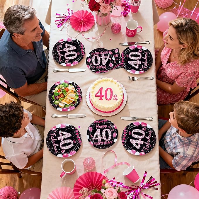 96Pcs 40th Birthday Party Supplies Black and Hot Pink Plates Forks and Napkins Diamond Sweet Theme Disposable Paper Tableware Set for Women 40 Year Old Birthday Party Supplies Serves 24