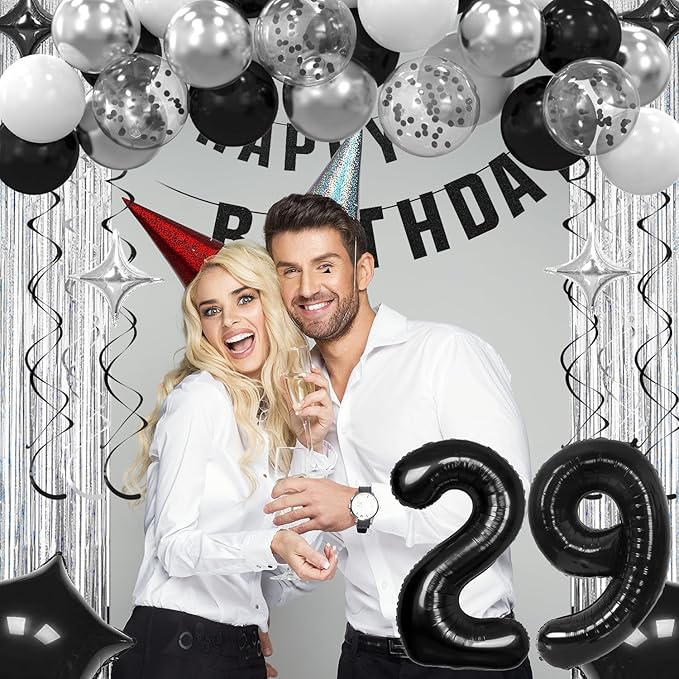 29th Birthday Decorations for Men Women- Black Silver Happy 29th Birthday Party Decor With Banner Backdrop,Number 29 Foil Balloon -Black White Balloons Garland Arch Kit for 29 Years Old