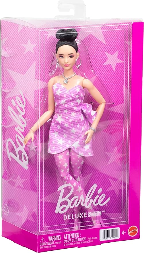 Barbie Deluxe Style Doll #11 in Pink Denim Star-Print Dress with Matching Tights, Black Hair in High Bun, Accessories Like Handbag and Jewelry