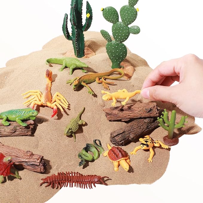 Sratte 26 Pcs Desert Animals Figures Diorama Kit, Reptiles Toys Lizard Snake Cactus Model Toys Desert Project Diorama Supplies for Back to School Gift Educational Learning Birthday Gift