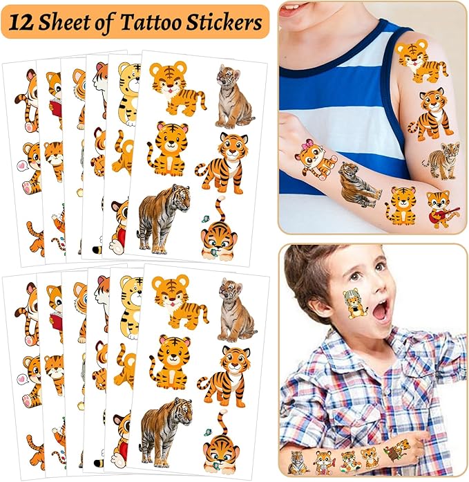 102 PCS Tiger Party Favors, Tiger Temporary Tattoos Slap Bracelets Keychains Stickers Badges for Jungle Safari Tiger Party Favors Birthday Party Decorations Supplies Gifts for Classroom Rewards