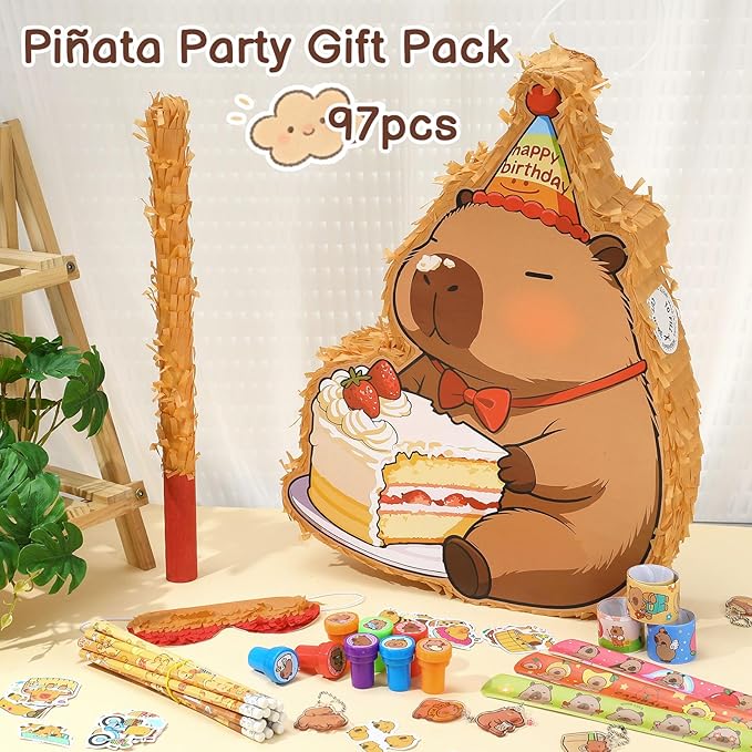 Capybara Piñata Party Set Animal Themed Birthday Party Supplies with Pencils Snap Bracelets Stamps Keychains Stickers for Birthday Baby Shower Party