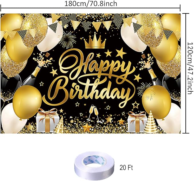 Black Gold Happy Birthday Backdrop Decorations Black Gold Happy Birthday Banner Photo Background for Home Indoor Outdoor Party Decorations Supplies 70.8 x 47.2 Inch