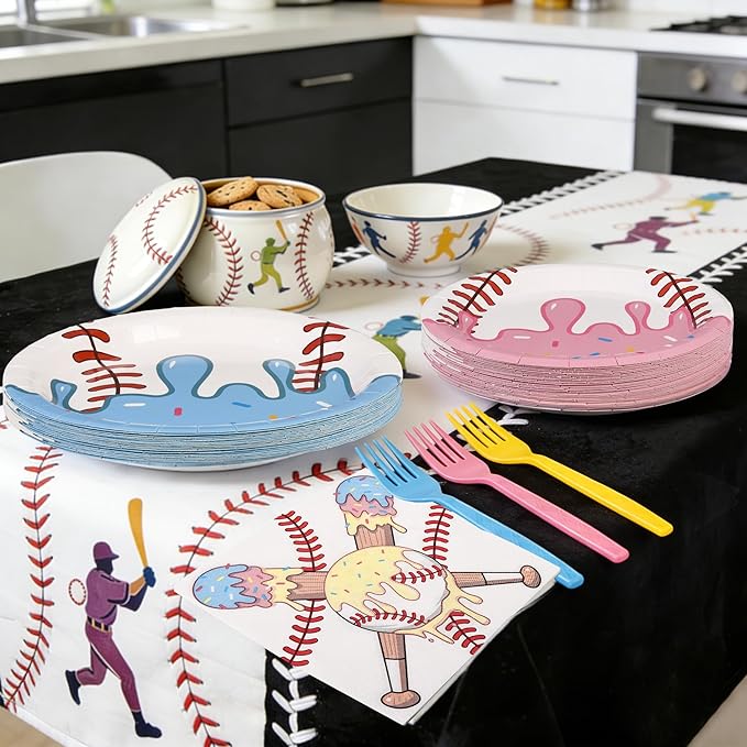 96 Pcs Baseball Ice Cream Drip Party Supplies Disposable Tableware Set Include Baseball Paper Plates and Napkins Plastic Forks for Sports Theme Birthday Decorations, Serve 24 Guests