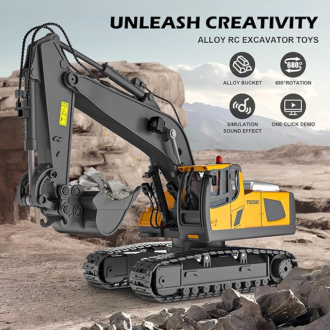 Remote Control Excavator (11-Channel), Dump Truck, Bulldozer, Loader (9-Channel), 2.4GHz Remote Control Construction Vehicles, Metal Construction, with Cool Lights and Sound Effects, 4-Pack