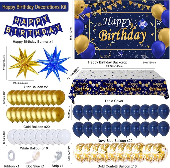 Gold and Blue Birthday Decorations for Men Boys Women Girls, 80pcs Blue and Gold Party Decorations Happy Birthday Backdrop Banner White Confetti Star Balloons Arch Tablecloth Party Supplies