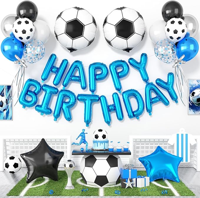 29PC Soccer Happy Birthday Balloon Banner, 16Inch 3D Aluminum Letter Banner Sign, Metallic Blue and Silver Confetti Balloon 18 Inch Black Blue Star Foil Balloons for Soccer Party Decorations