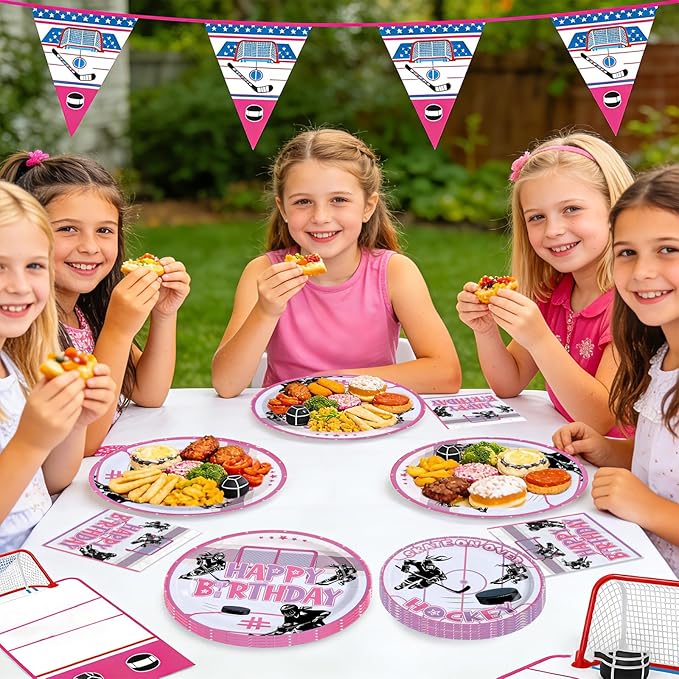 96Pcs Pink Hockey Birthday Party Supplies Hockey Girl Birthday Party Plates and Napkins Tableware Set for Girls Kid's Fans Gameday Sports Themed Party Decorations Serves 24